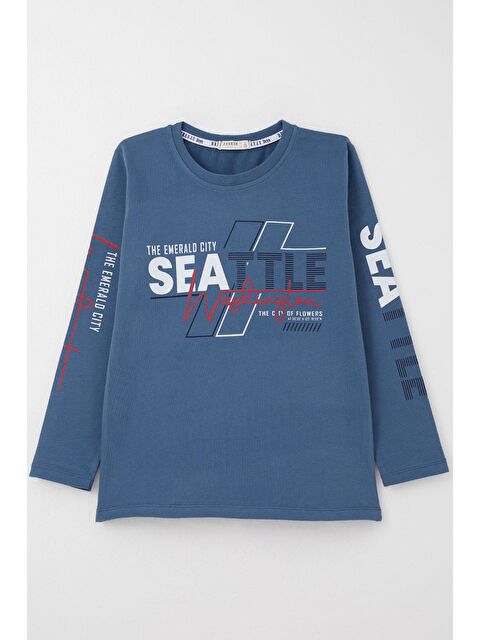 Breeze Erkek Çocuk Uzun Kollu Tişört Renkli Yazı Baskılı İndigo (6-10 Yaş) - S000332613-23093