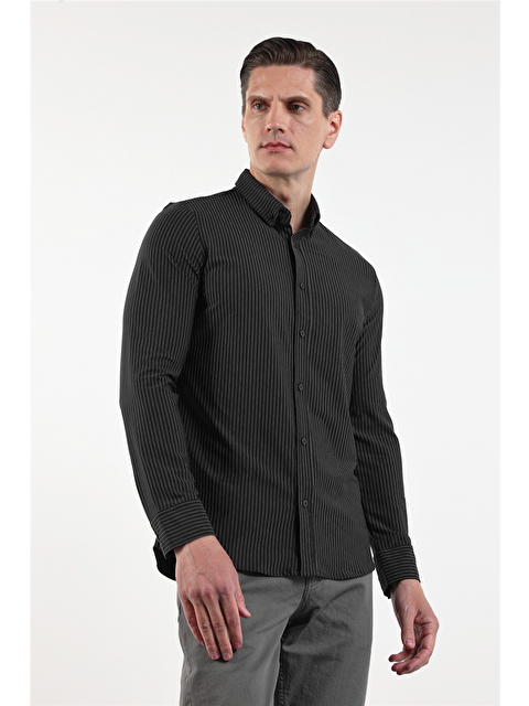 İMZA Siyah Çizgili Desen İtalyan Yaka Uzun Kol Torba Cep Standart Fit Esnek Gömlek 1004260157