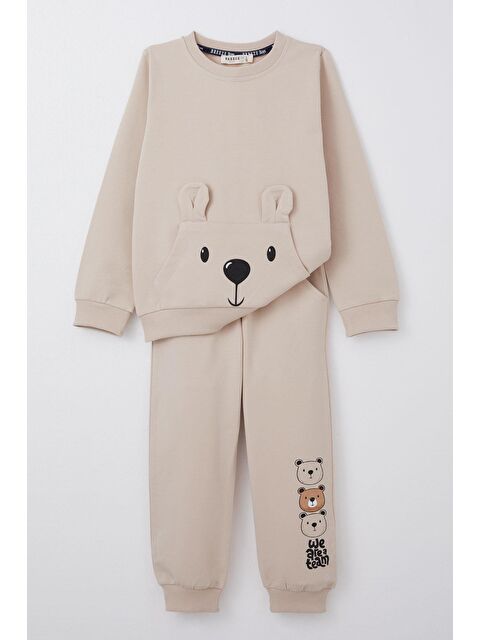 Breeze Erkek Bebek Eşofman Takım Sevimli Ayıcık Desenli Kanguru Cepli Bej (9 Ay) - S000325500-19928