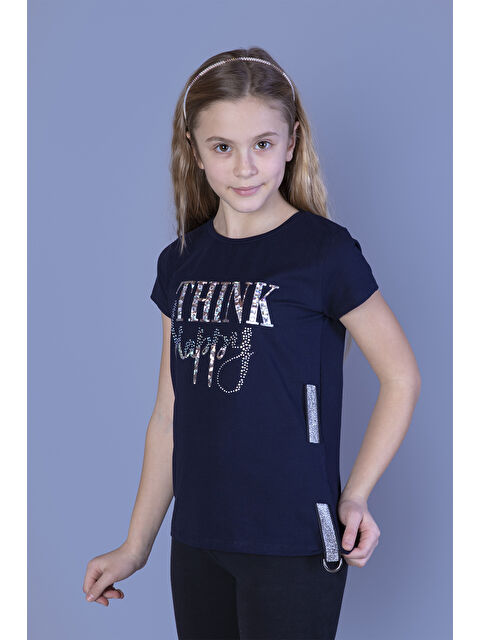 Toontoykids Kız Çocuk Baskılı Taş İşlemeli Yanı Şerit Detaylı Tişört