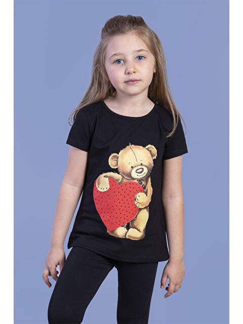 Toontoykids Kız Çocuk Kalpli Ayıcık Baskılı Taş İşlemeli Tişört