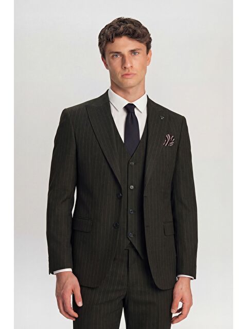 Sabri Özel Giotelli Füme Yelekli Çizgili Sivri Yaka Roma Kalıp 6 Drop Tam Astarlı Erkek Takım Elbise - S000523999-33408