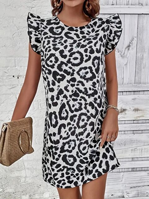 Jane's Kadın Kısa Kollu Kolları Fırfır Detay Arkası Bağlamalı Leopar Desen Kolsuz Mini Mikro Elbise