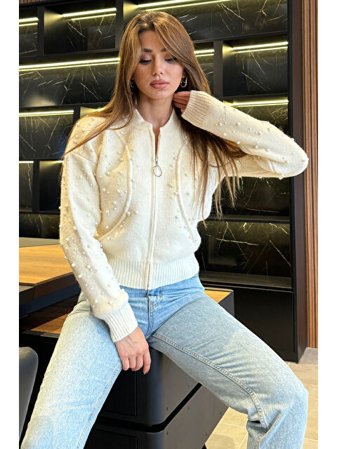 Gülseli Modern Tasarımlı İnci Baskılı Fermuarlı Kadın Ceket Hırka (s-m-l Beden Uyumludur) - S000300430-19966