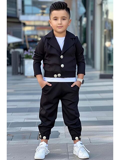 Riccotarz Erkek Çocuk Gold Düğme Detaylı Penye Ceket Dar Kesim Pantolon Siyah Alt Üst Takım - S000504836-19351