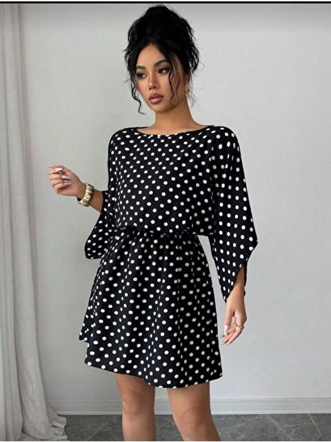 Jane's Kadın Puantiyeli örme Krep Mini Elbise (kemersiz)