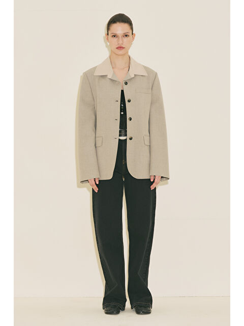 Manuka Kontrast Yakalı Tasarım Blazer Ceket Taş - S000529550-25636