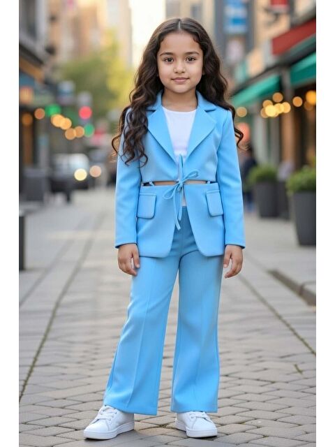 Riccotarz Kız Çocuk Cep ve Yırtmaç Detay Blazer Ceket Penye T-Shirt ve Bol Kesim Pantolon Mavi Alt Üst Takım - S000509074-17234
