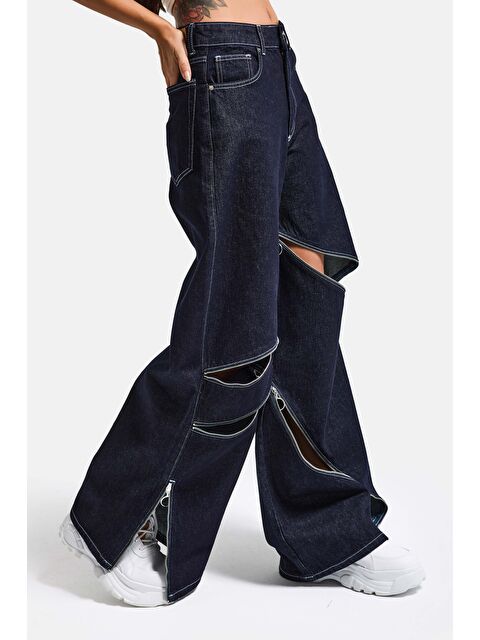 It's Basic Kadın İndigo Selvedge 7s6-50 Süper Baggy Fit Fermuar Detaylı Özel Tasarım Denim Jean