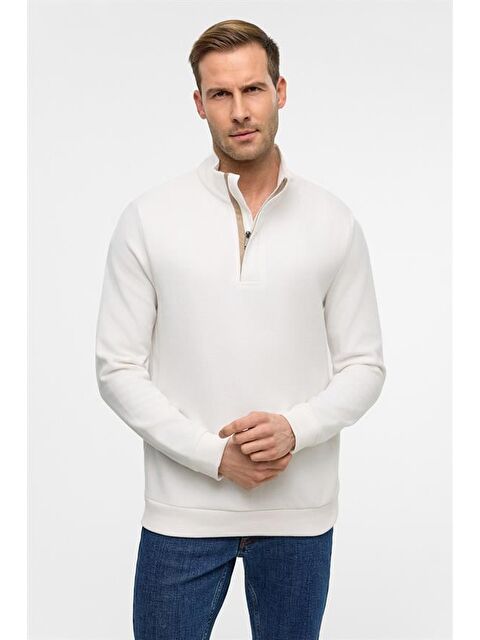 Süvari Beyaz Regular Düz Polo Yaka Sweatshirt