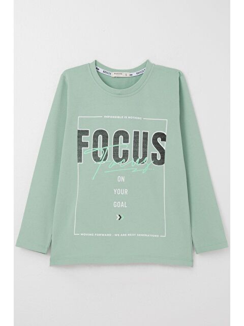 Breeze Erkek Çocuk Uzun Kollu Tişört Slogan Temalı Yazı Baskılı Su Yeşili (6-12 Yaş) - S000332618-20054