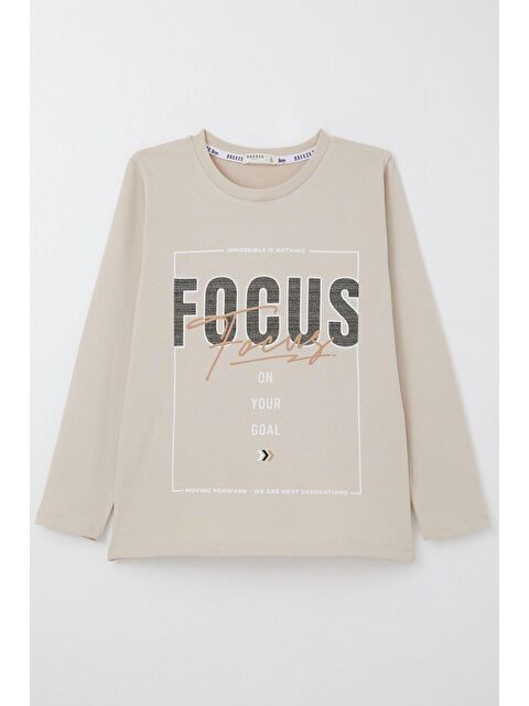 Breeze Erkek Çocuk Uzun Kollu Tişört Slogan Temalı Yazı Baskılı Bej (6-12 Yaş) - S000332618-19928