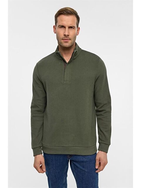 Süvari Haki Regular Düz Polo Yaka Sweatshirt