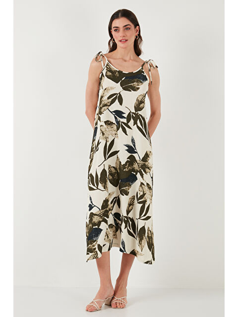 Lela Desenli Oversize Fit Bağlamalı İp Askılı Yuvarlak Yaka Midi Boy Kadın Elbise 5869022 - S000359113-18194