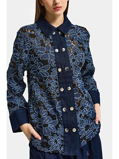 It's Basic Kadın İndigo Selvedge 7s6-50 Oversize Dantel Nakış Çiçek Detaylı Özel Tasarım Denim Ceket - S000515595-23093