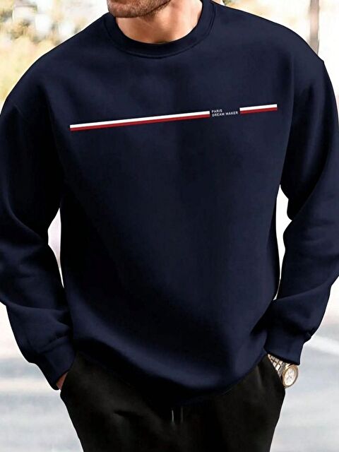 Trendseninle Lacivert Paris Dream Maker Baskılı Oversize Bisiklet Yaka Uzun Kollu Sweatshirt - S000491646-21164