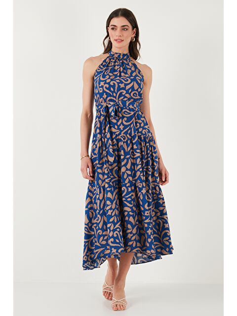 Lela Desenli Regular Fit Halter Yaka Kemerli Midi Boy Kadın Elbise 6772030 - S000359101-23093