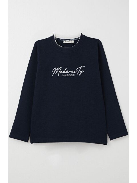 Breeze Erkek Çocuk Uzun Kollu Tişört Yazı Nakışlı Lacivert (8-14 Yaş) - S000332619-21164