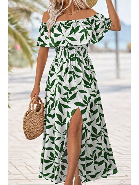 Jane's Kadın Madonna Yaka Göğüs Lastikli Yırtmaçlı Uzun Desenli Süprem Elbise