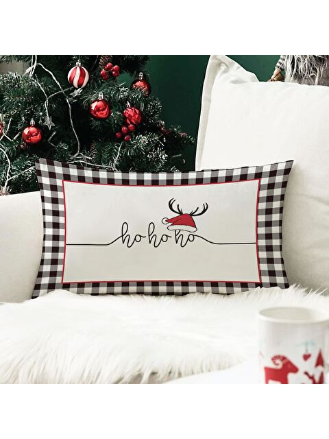 Evmila Yılbaşı Temalı Ho Ho Ho Desenli Kadife Kırlent Kılıfı 35x55 cm - S000285286-23173