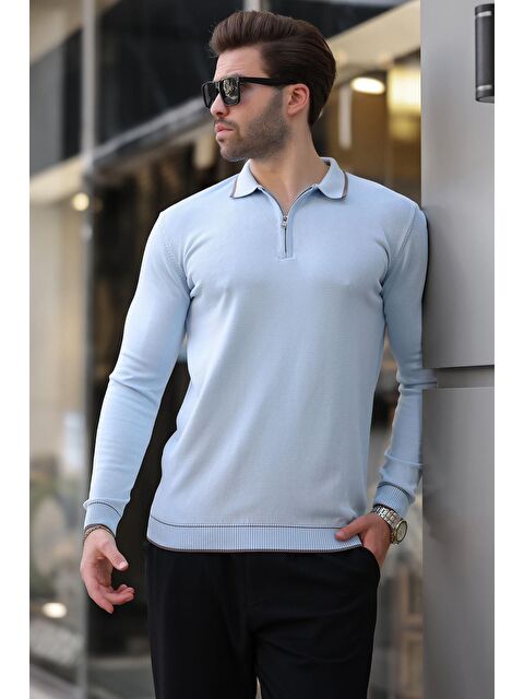 Madmext Mavi Fermuarlı Polo Yaka Çizgi Detaylı Uzun Kollu Kazak 7267 - S000292579-17234