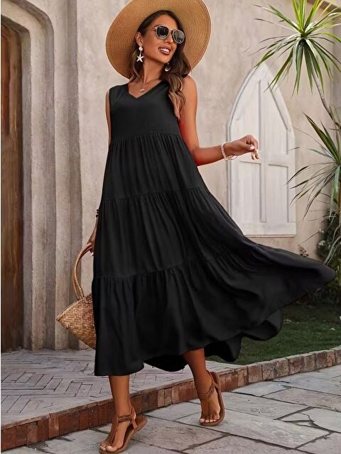 Jane's Kadın Askılı V Yakalı Uzun Dokuma Viskon Elbise