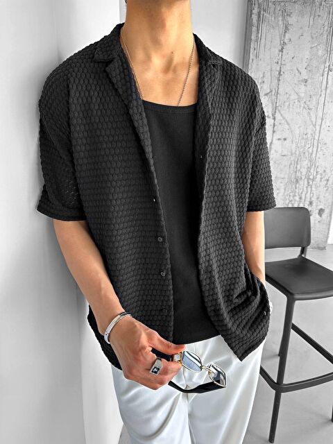 Abluka Online Erkek Oversize Rahat Yazlık Serin Tutan İşlemeli Örme Gömlek Siyah - S000491648-19351