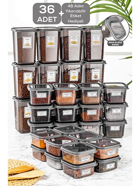 Meleni Home 36'lı Kare Bakliyat Saklama Kabı Etiketli Erzak Kabı Kahvaltılık Baharatlık 12x(300-500-1100 ml) - S000054128-29666