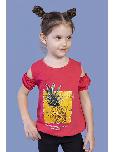 Toontoykids Kız Çocuk Kolları Detaylı  Ananas Baskılı Tişört