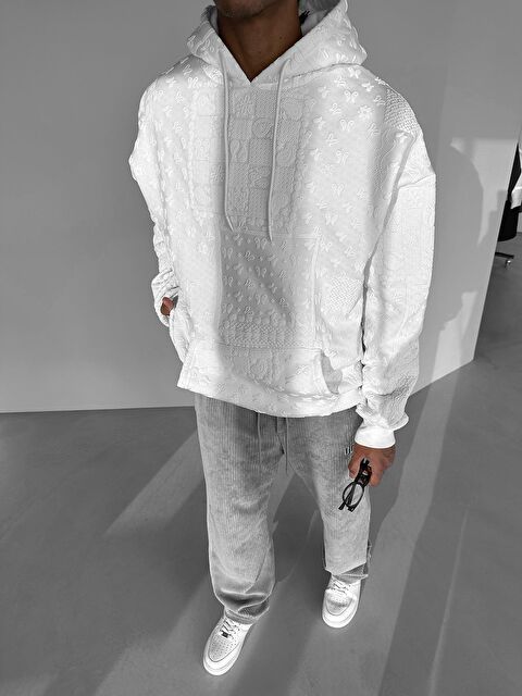 Abluka Online Oversize Desenli Kapüşonlu Sweatshirt Beyaz - S000072084-20063