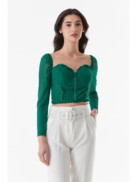 Fullamoda Tül Detaylı Kalp Yaka Crop Bluz - S000162183-18194