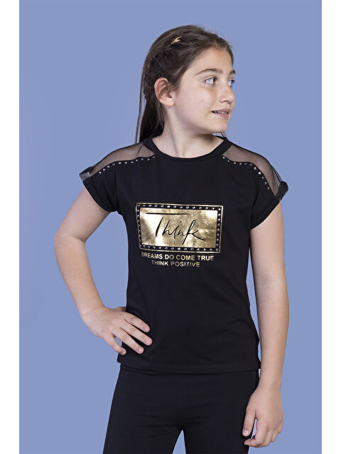 Toontoykids Kız Çocuk Omuzu Tül Detaylı Varak Baskılı Tişört