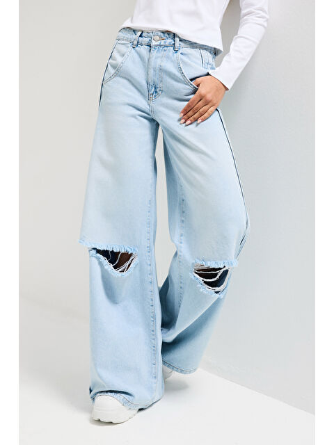It's Basic Kadın Ice 12s6-3 Palazzo Fit Yırtık Detaylı Tasarım Denim Jean