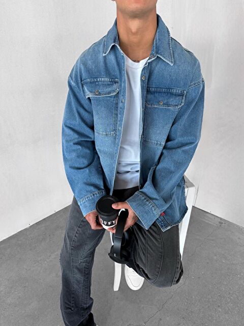 Abluka Online Erkek Oversize Önü Cepli Premium Denim Gömlek Mavi - S000491649-17234