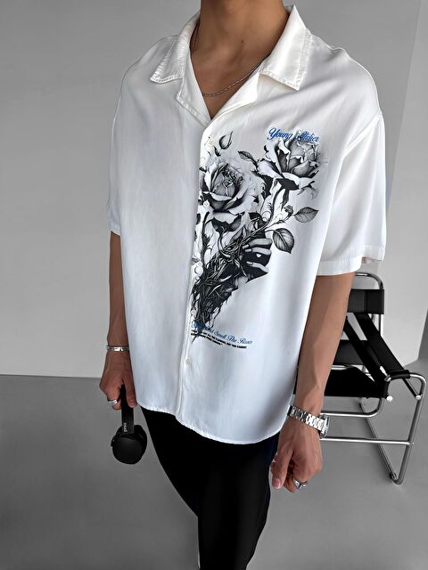 Abluka Online Erkek Oversize 'Young Atelier' Baskılı Flower Desenli Gömlek Beyaz - S000240396-20063