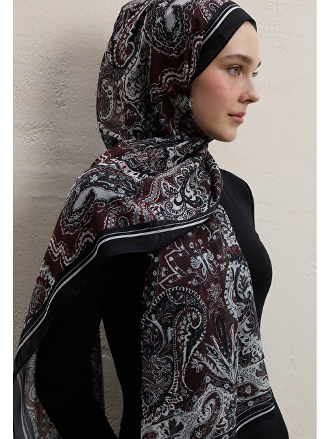 Fresh Scarfs Dark Bohemy Desen İpek Krep Şal Bordo - S000420280-19951