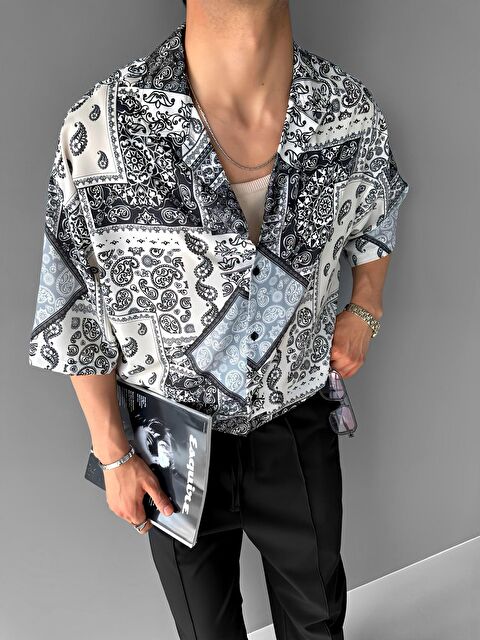 Abluka Online Erkek Oversize Motifli Küba Yaka Kısa Kol Gömlek Haki Yeşil - S000491650-18547