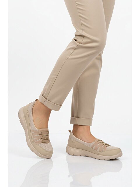 Walkway Bej Fileli Hafif Esnek Kadın Günlük Yürüyüş ve Spor Ayakkabı Bst-1009 G - S000509083-19928
