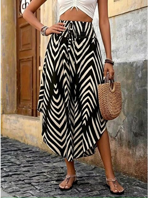 Jane's Kadın Yüksek Bel Beli Lastikli Bağcıklı Yanlardan Açık Uzun Süprem Etek