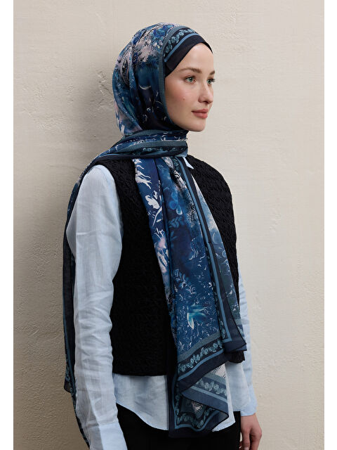 Fresh Scarfs Ellen Desen İpek Krep Şal Gece Mavisi - S000420369-17234