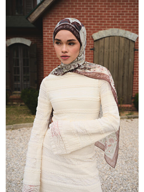 Fresh Scarfs Bella Desen İpek Krep Şal Çikolata Kahve - S000420370-20637