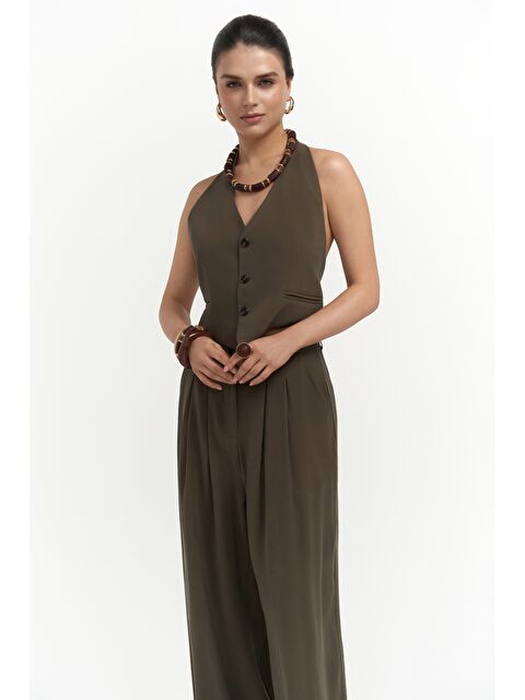 Mai Collection Pailey Sırt Dekolteli Haki Yelek Pantolon Takım - S000371129-18547