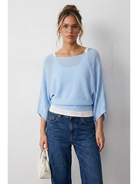 Madmext Bebe Mavi Geniş Yaka Çift Katlı Triko Kazak Mg2780