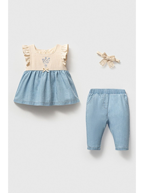 Cantoy Kız Bebek Keten Dokulu Çiçek Nakışlı Takım - S000510589-37369