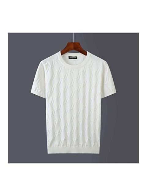 Tarz Cool Beyaz Erkek Yuvarlak Yaka Desenli Örme Tişört - S000147074-20063