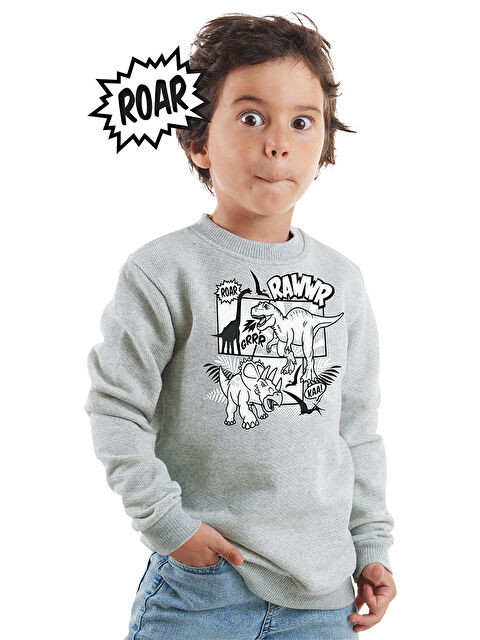 Denokids Rawr Dino Erkek Çocuk Gri Melanj Sweatshirt - S000276162-20600