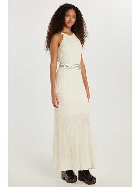 TUDORS Kadın Slim Fit Dar Kesim Örgü Desen Bisiklet Yaka Ekru Elbise - S000520529-19965