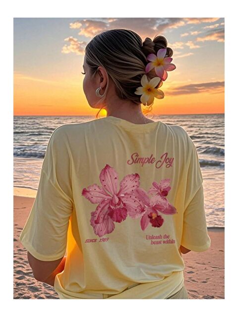 Trendseninle Kadın Sarı Simple Joy Baskılı Oversize Tişört - S000369573-20072