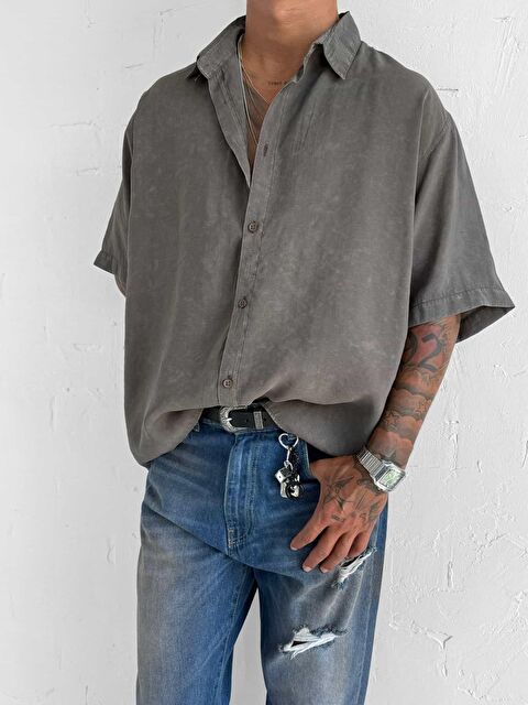 Abluka Online Erkek Oversize Yıkamalı Kısa Kollu Gömlek Haki Yeşil - S000378121-18547