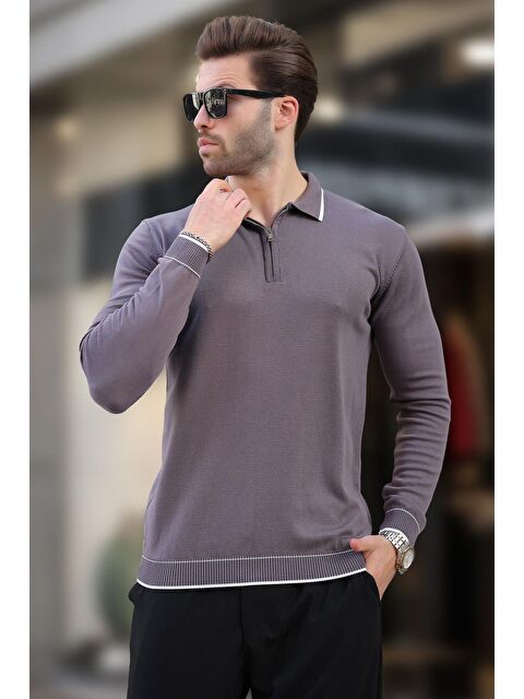 Madmext Koyu Gri Fermuarlı Polo Yaka Çizgi Detaylı Uzun Kollu Kazak 7267 - S000292579-29351